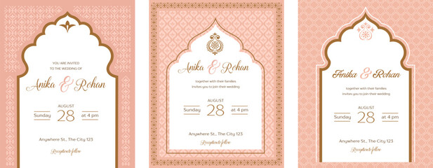 Indian Wedding Invitation and Save the date templates set. Exotic wedding theme with Indian patterns 