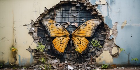 Butterfly emerging from a cocoon, turning into a piece of street art on a wall , concept of Transformation, created with Generative AI technology - obrazy, fototapety, plakaty