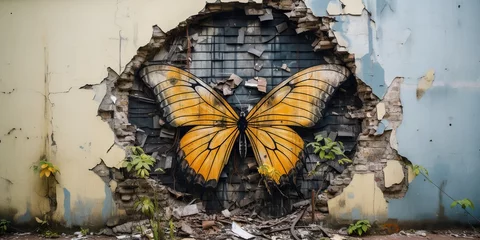 Cercles muraux Graffiti Butterfly emerging from a cocoon, turning into a piece of street art on a wall , concept of Transformation, created with Generative AI technology