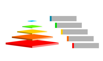 Infographic illustration of red with orange with yellow with blue and green triangles divided and cut into five and space for text, Pyramid shape made of five layers for presenting business ideas