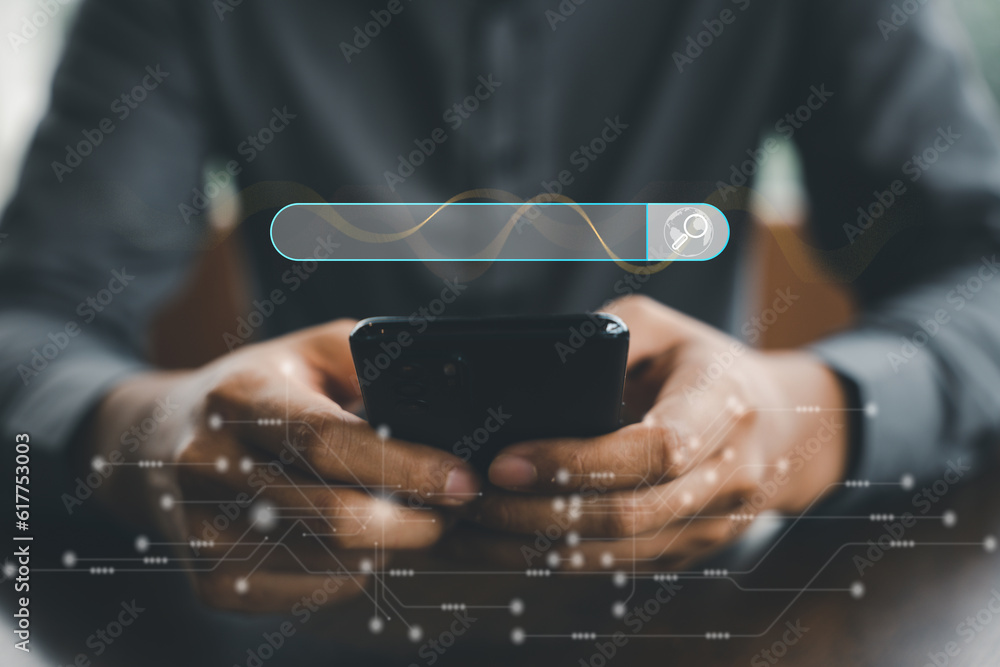Poster hand of businessman using smartphone for seo tools to optimize online content. b2b marketing and bus