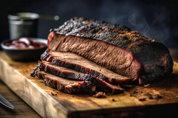 Delicious barbeque smoked Texas brisket with thick charcoal crust on cutting board. Traditional American cuisine dish. Hearty comfort food - obrazy, fototapety, plakaty