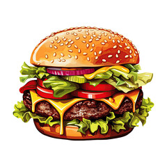 Delicious homemade beef burger with fresh vegetables. Tempting fast food clip art. Generative AI