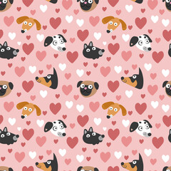 Cute dog faces and hearts. Seamless pattern, vector illustration