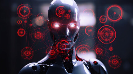 Futuristic Artificial intelligence, a digital humanoid android robot face. Concept ROBOT AI technology for cyber security.