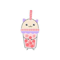 Bubble tea cute smile. Hand drawn cartoon doodle kawaii milk shake character. Childish illustration in a simple naive style. Vector isolate on white background. Perfect for printing.