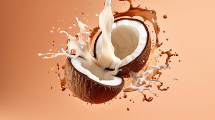 Coconut cut in half with coconut milk and water splash on pastel background - obrazy, fototapety, plakaty