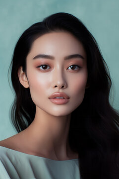 Stunning portrait of an asian woman with minimal cosmetics showcases her beautiful long hair, lush eyelashes, and perfectly painted lips, radiating a sense of minimal natural asian beauty