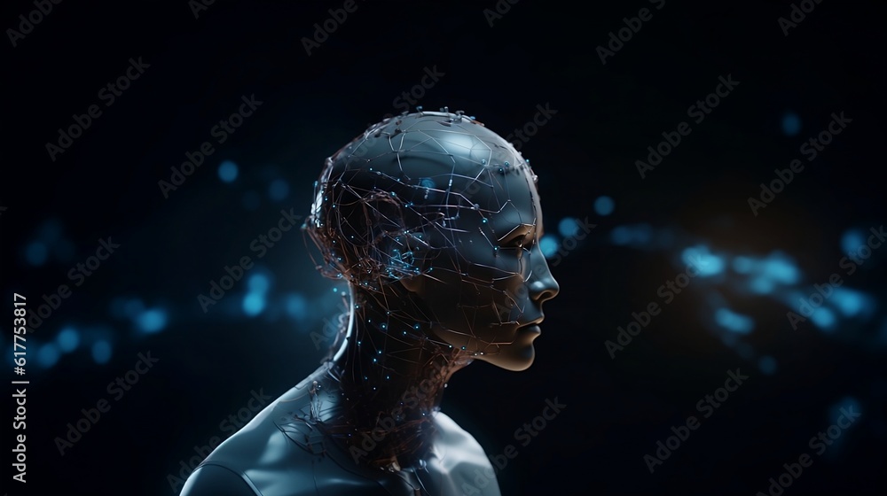 Poster a 3d rendering of a human head and shoulders, made of a metallic substance with a textured surface. 