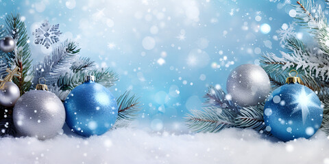 Naklejka na ściany i meble Blue Christmas balls and snow, Christmas decoration, blue christmas balls, Christmas, Christmas toys, snow, generative Ai