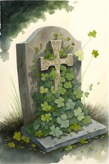 Wideshot watercolor of a headstone with 4 leaf clovers growing on it 