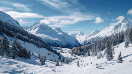 Majestic snowy mountain landscape with sharp snow covered peaks and clear blue skies, ai generative