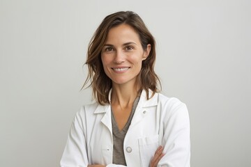 Portrait of a smiling female doctor standing with arms crossed over white background - obrazy, fototapety, plakaty