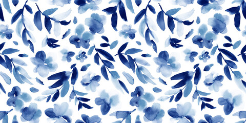 Watercolor floral print in blue and white. Seamless pattern. - 617755861