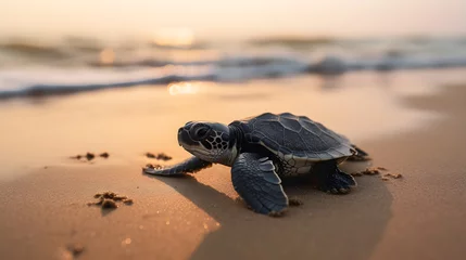 Tuinposter baby turtle after hatch crawling to the beach created with Generative AI © kimly