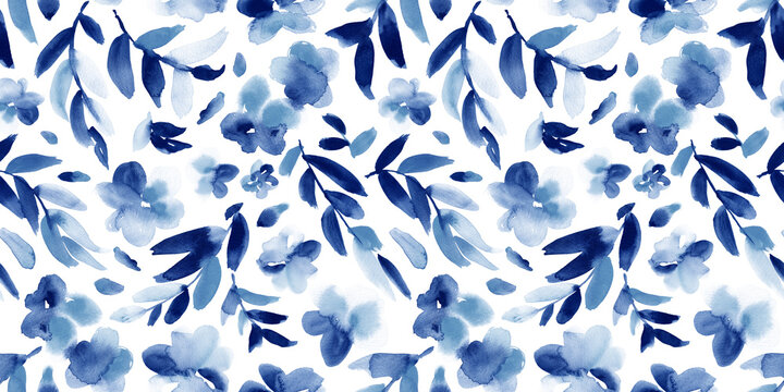 Watercolor floral print in blue and white. Seamless pattern.