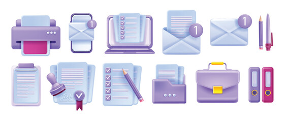 3D document icon vector set, paper report form kit, digital agreement survey, office paperwork sign. Copy print device, work brief note, inbox envelope, portfolio folder, contract stamp. 3D document