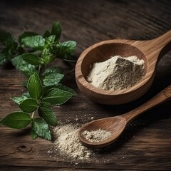 stevia sugar powder in the wooden spoon, with fresh stevia leaves, on wooden background. generative ai - obrazy, fototapety, plakaty