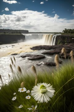 long shot of flowers and grass in front of the falls in the Amazon photography © Thomas