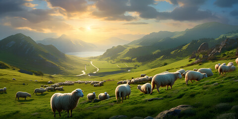 Sheep Herd Is Walking Near Hills, generative Ai - obrazy, fototapety, plakaty