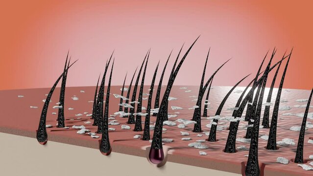Shampoo or serum nourish hair follicles and removes dandruff - hair care concept - 3D 4k animation (3840x2160px)
