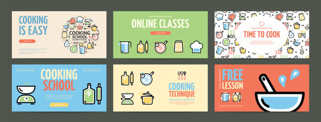 Cooking School and Classes Horizontal Placard Poster Banner Card Template Set. Vector illustration of Food Preparation Training