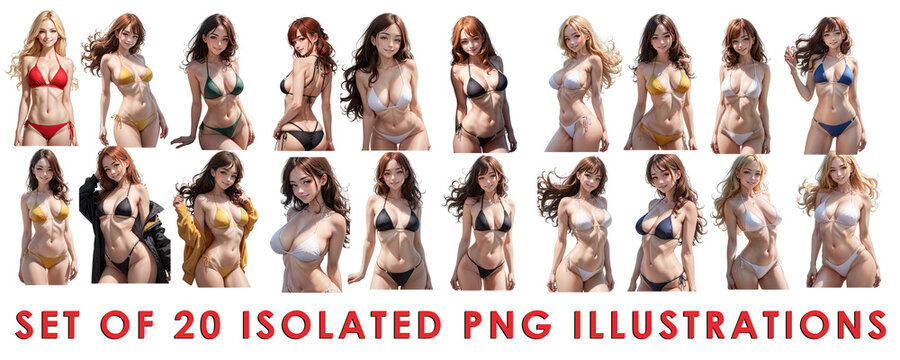 Set of Cute sexy woman in bikini swimsuit. Collection of 20 illustrations, PNG isolated transparent background anime style cartoon collage