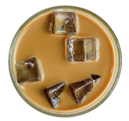 Glass of Iced coffee with cream  shoot from above isolated on white .