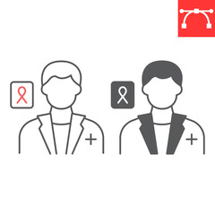 Oncologist line and glyph icon, oncology and AIDS, doctor with caner ribbon vector icon, vector graphics, editable stroke outline and solid sign, eps 10.