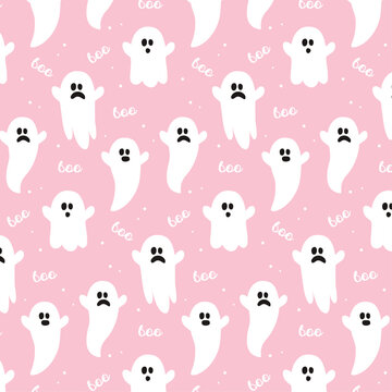 Pink cute halloween ghost seamless pattern repeat print background. Vector illustration. Great for kids and home decor projects. Surface pattern design.