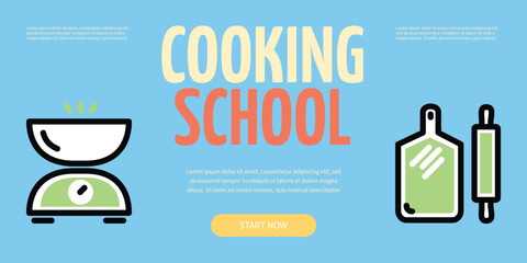Cooking School Horizontal Placard Poster Banner Card Landing Template with Different Thin Line Elements. Vector illustration