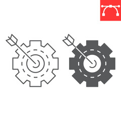 Target arrow and cogwheel line and glyph icon, solution and business , problem solution vector icon, vector graphics, editable stroke outline sign, eps 10.