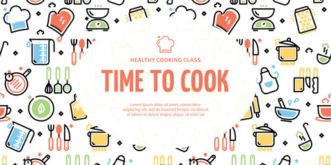 Healthy Cooking Class Time To Cook Horizontal Placard Poster Banner Card Template on a Kitchenware Pattern. Vector illustration