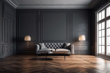 Interior in modern classic gray with wooden floor and wall panels. mock up for an illustration. Generative AI