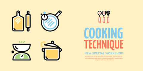 Cooking Techniques New Special Workshop Horizontal Placard Poster Banner Card Template Courses for All. Vector illustration