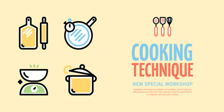 Cooking Techniques New Special Workshop Horizontal Placard Poster Banner Card Template Courses for All. Vector illustration