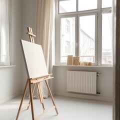 Blank canvas on wooden easel by window in painter's studio, created using generative ai technology
