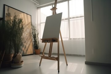 Blank canvas on easel by window in sunny room with plants, created using generative ai technology
