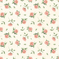 Seamless floral pattern with vintage red flowers roses and leaves on beige paper background. Watercolor hand drawn illustration sketch
