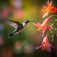 Hummingbird hovering by pink flower in sunlight, created using generative ai technology
