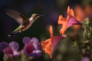 Hummingbird hovering by red and purple flower in sunlight, created using generative ai technology