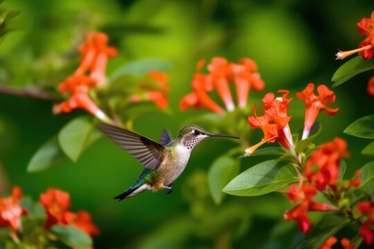 Hummingbird hovering by red flower in nature, created using generative ai technology