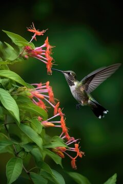 Hummingbird hovering by pink flower, copy space, created using generative ai technology