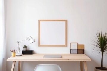 Empty wooden frame with copy space in office on white wall, created using generative ai technology
