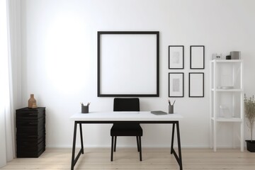 Empty black frame with copy space in office on white wall, created using generative ai technology