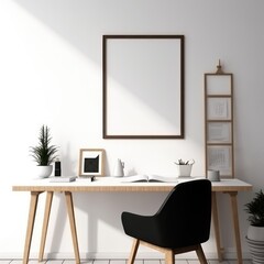Empty black frame with copy space in office on white wall, created using generative ai technology