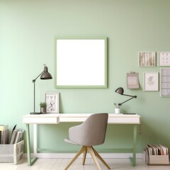 Fototapeta premium Empty green frame with copy space in office on green wall, created using generative ai technology
