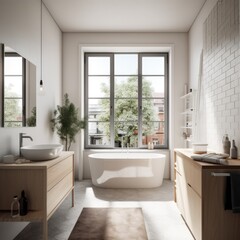 Sunny modern bathroom with french windows and view to street, created using generative ai technology
