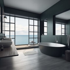 Fototapeta na wymiar Dark modern bathroom with french windows and view to sea, created using generative ai technology