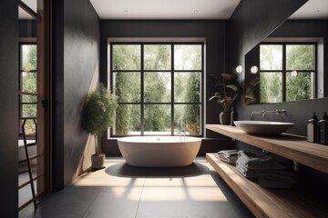 Fototapeta premium Sunny modern bathroom with french windows and view to trees, created using generative ai technology